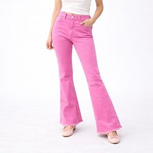 Pink Lily Flare Jeans High Rise Pink Frayed Hem Size 28 Cotton Barbiecore Jeans